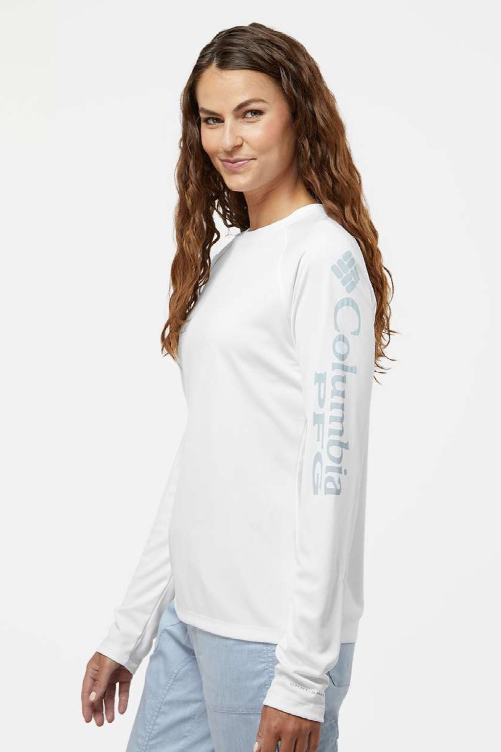 Columbia 212485 Womens PFG Tidal II Long Sleeve Crewneck T-Shirt White/Cirrus Grey Model Side