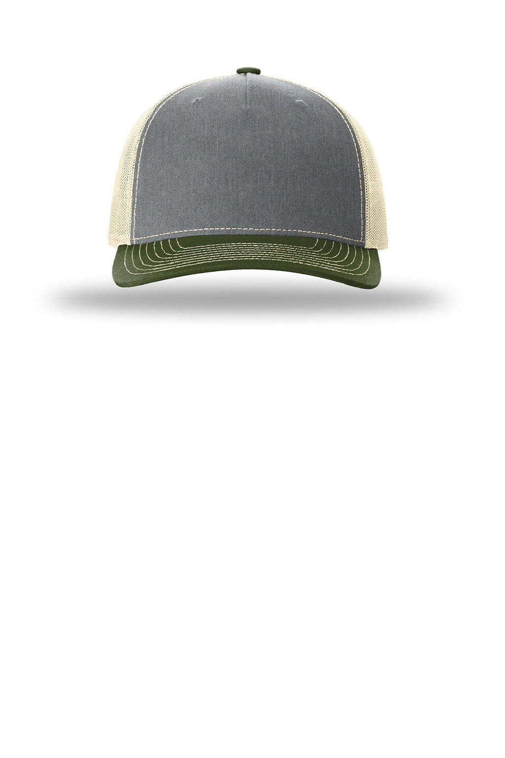 Richardson Hats 112FP Mens 5 Panel Snapback Trucker Hat Heather Grey/Birch/Army Olive Green Flat Front
