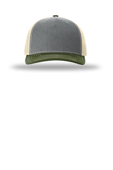 Richardson Hats 112FP Mens 5 Panel Snapback Trucker Hat Heather Grey/Birch/Army Olive Green Flat Front