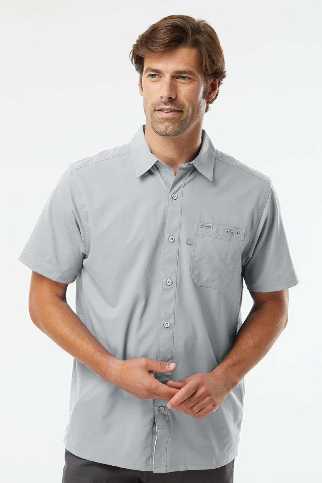 Columbia 212484 Mens PFG Slack Tide Button Down Short Sleeve Camp Shirt Cool Grey Model Front