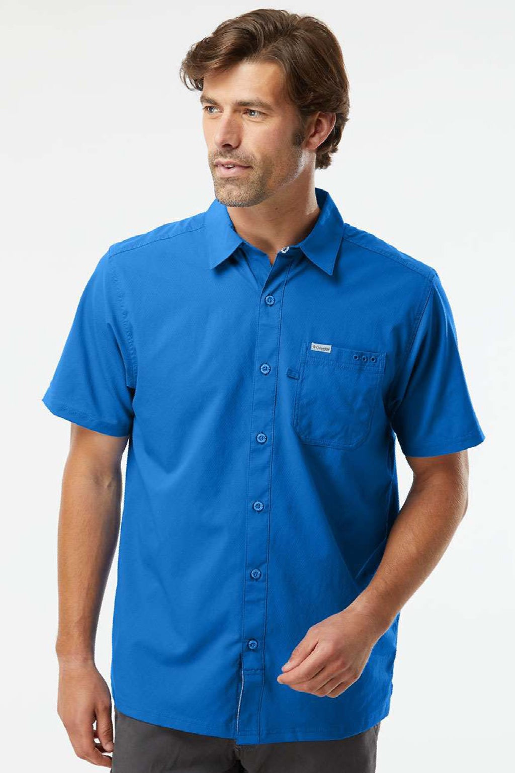 Columbia 212484 Mens PFG Slack Tide Button Down Short Sleeve Camp Shirt Vivid Blue Model Front