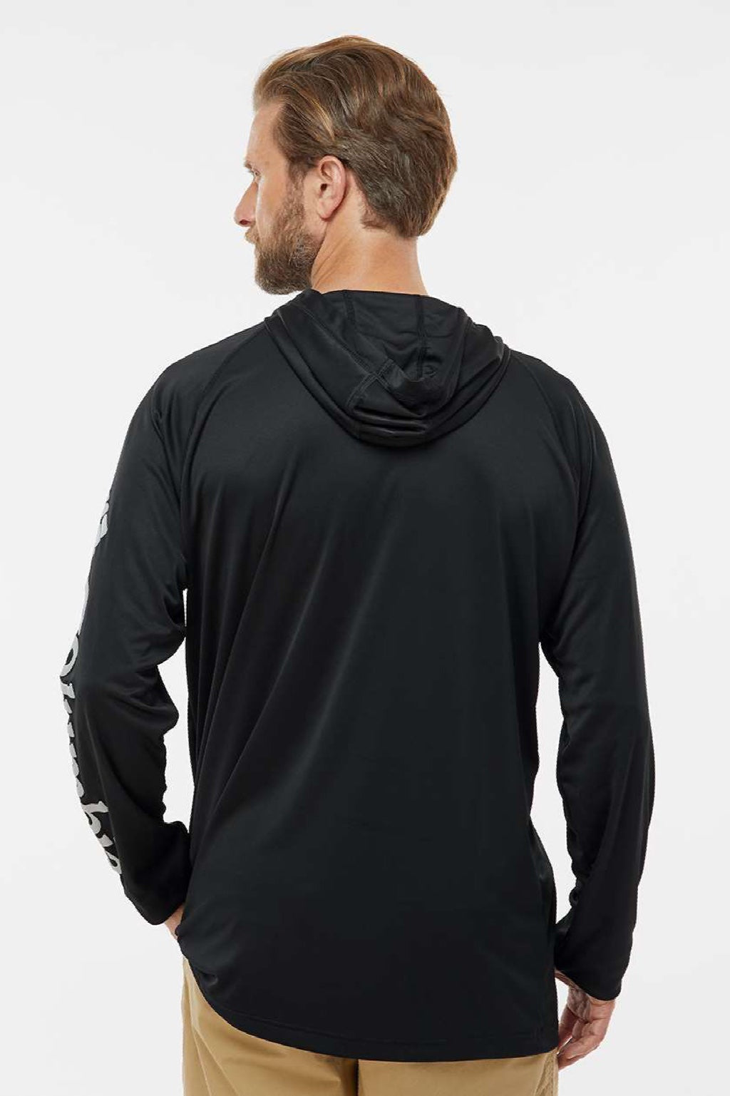 Columbia 212482 Mens PFG Terminal Tackle Long Sleeve Hooded T-Shirt Hoodie Black/Cool Grey Model Back