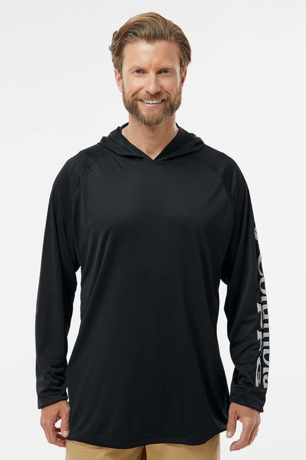 Columbia 212482 Mens PFG Terminal Tackle Long Sleeve Hooded T-Shirt Hoodie Black/Cool Grey Model Front