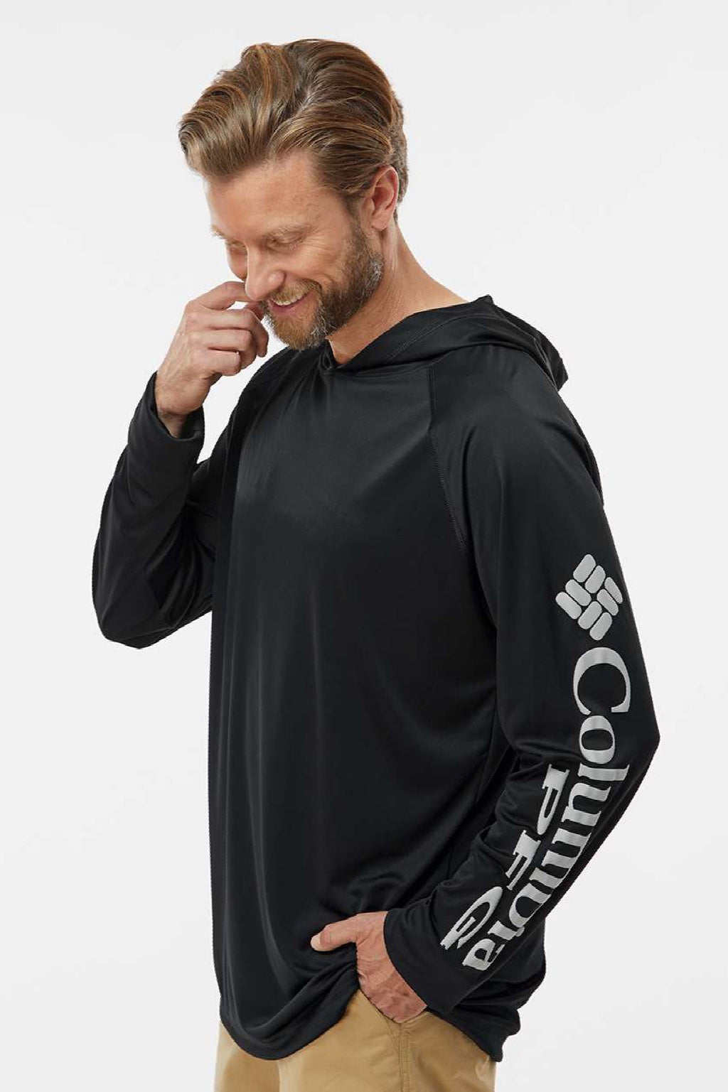 Columbia 212482 Mens PFG Terminal Tackle Long Sleeve Hooded T-Shirt Hoodie Black/Cool Grey Model Side