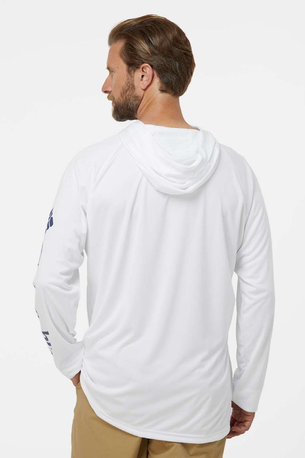 Columbia 212482 Mens PFG Terminal Tackle Long Sleeve Hooded T-Shirt Hoodie White/Nightshade Blue Model Back