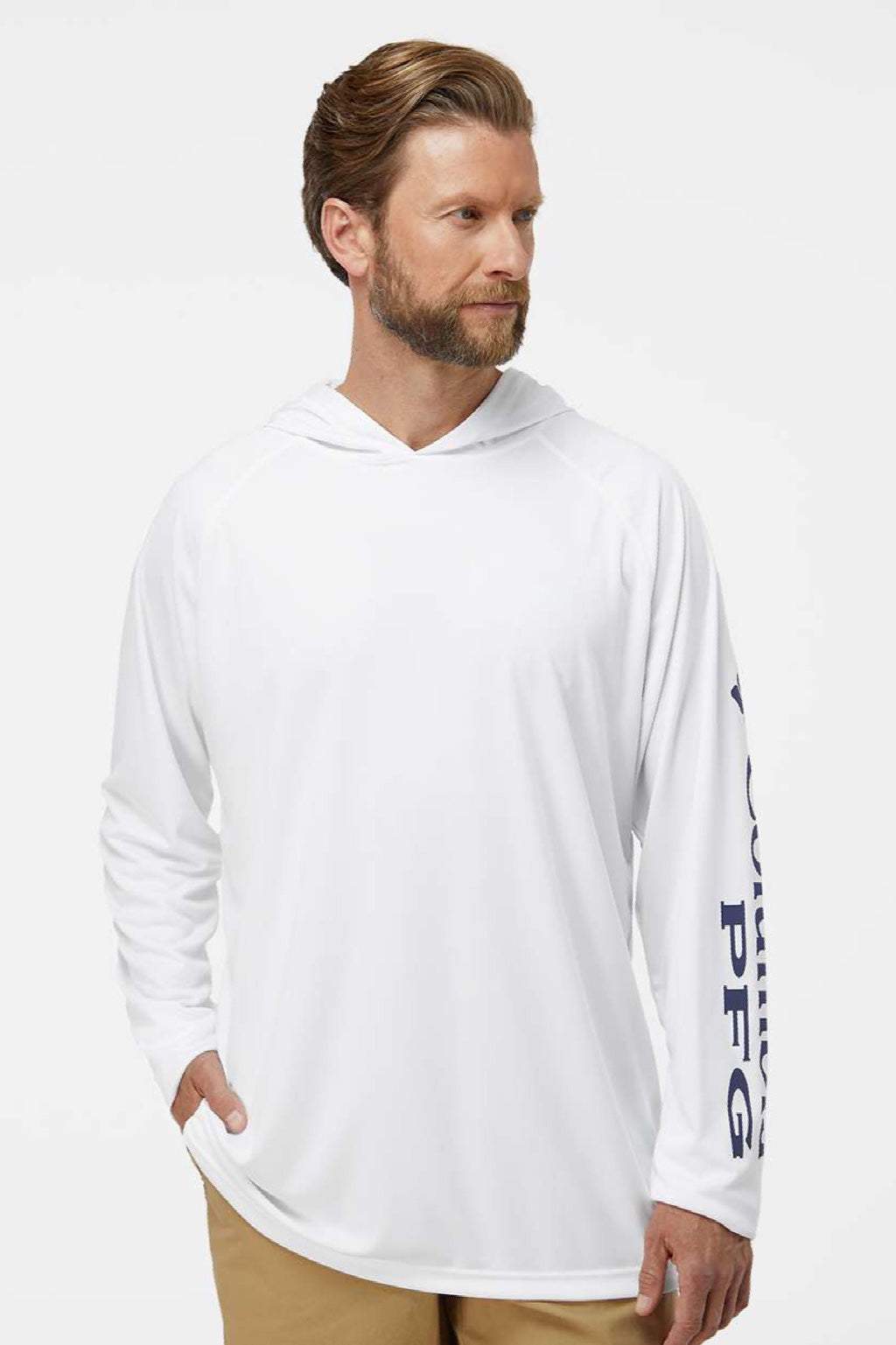 Columbia 212482 Mens PFG Terminal Tackle Long Sleeve Hooded T-Shirt Hoodie White/Nightshade Blue Model Front