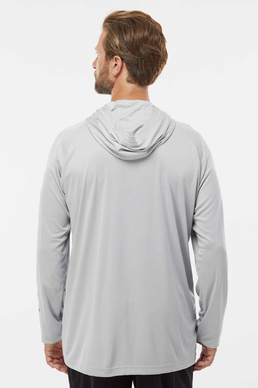 Columbia 212482 Mens PFG Terminal Tackle Long Sleeve Hooded T-Shirt Hoodie Cool Grey/Vivid Blue Model Back