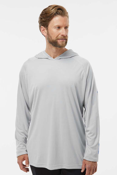 Columbia 212482 Mens PFG Terminal Tackle Long Sleeve Hooded T-Shirt Hoodie Cool Grey/Vivid Blue Model Front