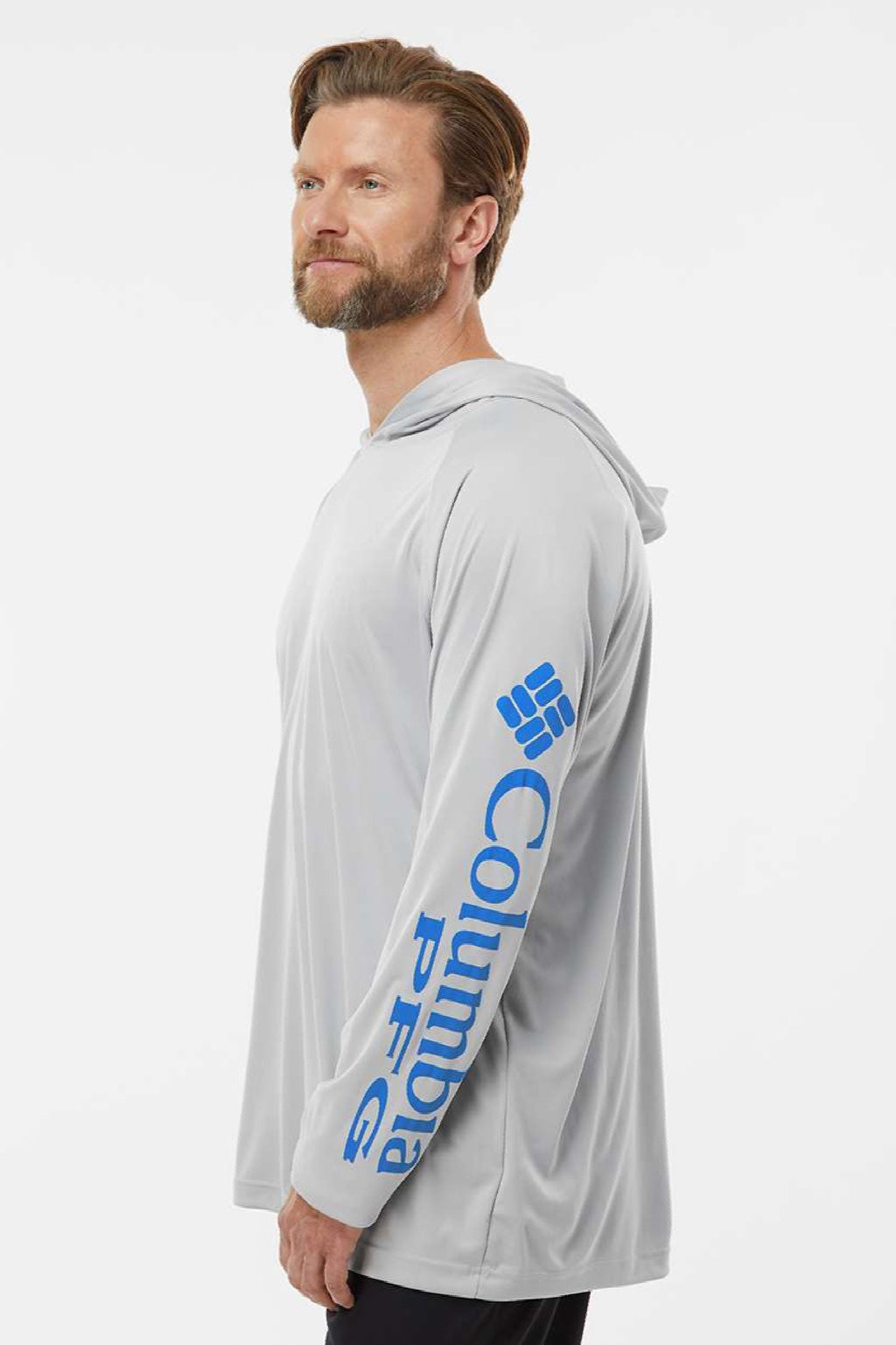 Columbia 212482 Mens PFG Terminal Tackle Long Sleeve Hooded T-Shirt Hoodie Cool Grey/Vivid Blue Model Side