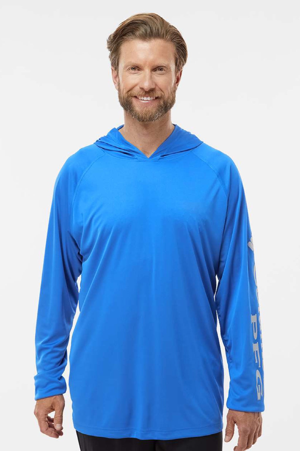 Columbia 212482 Mens PFG Terminal Tackle Long Sleeve Hooded T-Shirt Hoodie Vivid Blue/Cool Grey Model Front