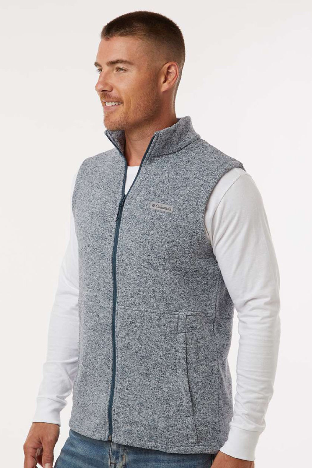 Columbia 209575 Mens Alto Pass Fleece Full Zip Vest Heather Dark Mountain Blue Model Side