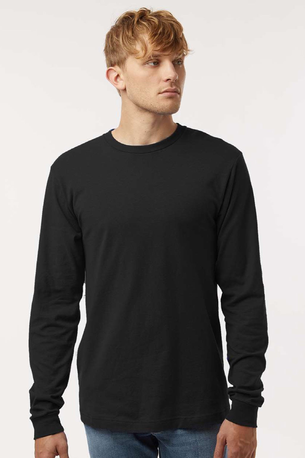 Tultex 202LS Mens Fine Jersey Long Sleeve Crewneck T-Shirt Black Model Front