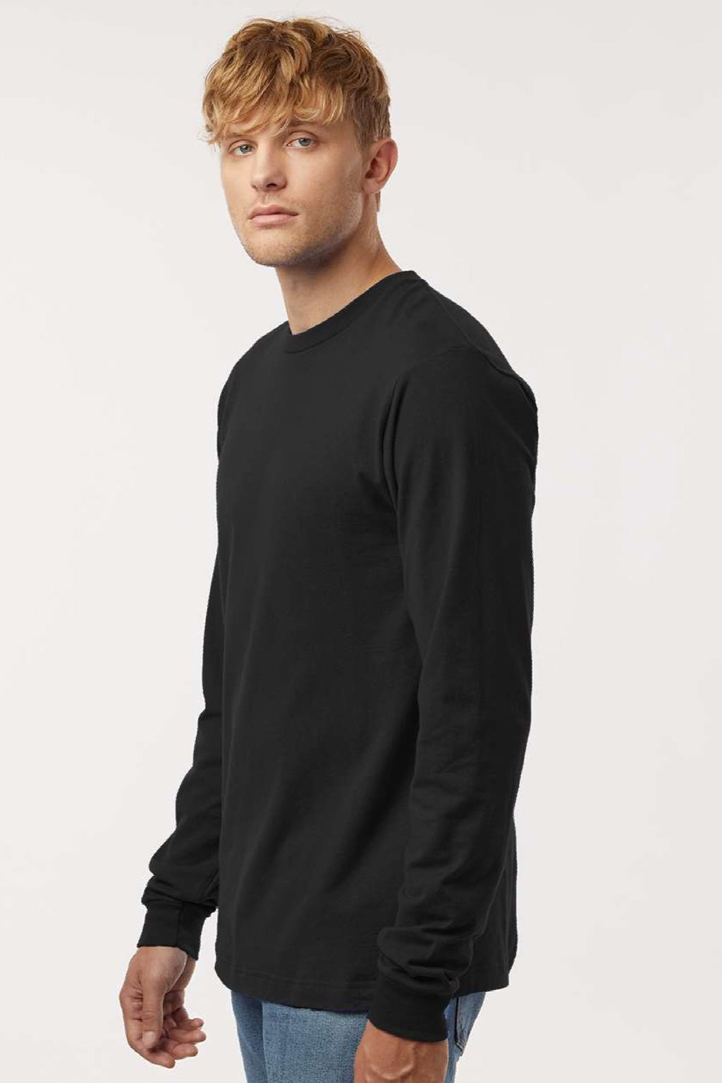 Tultex 202LS Mens Fine Jersey Long Sleeve Crewneck T-Shirt Black Model Side