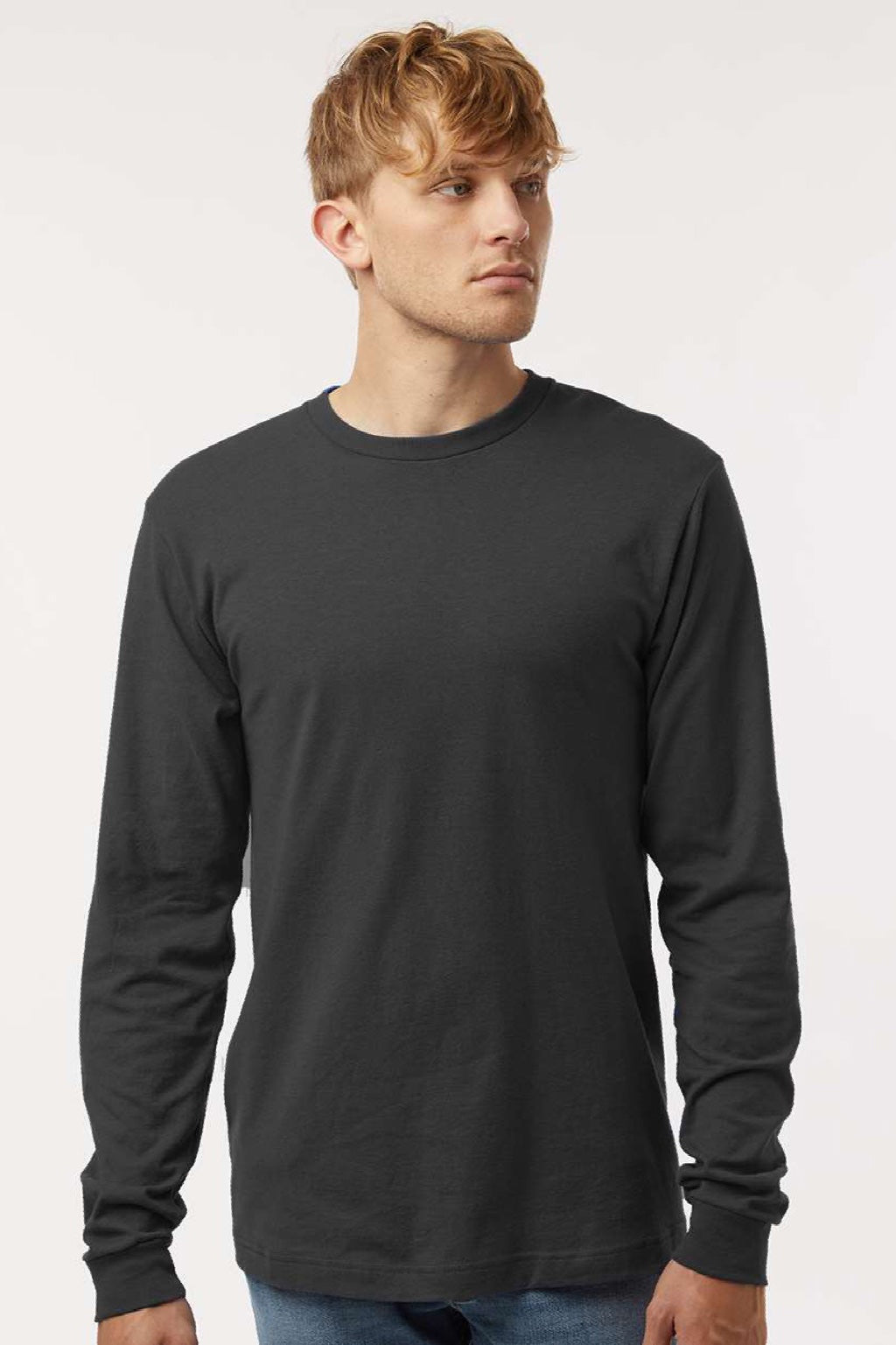 Tultex 202LS Mens Fine Jersey Long Sleeve Crewneck T-Shirt Charcoal Grey Model Front