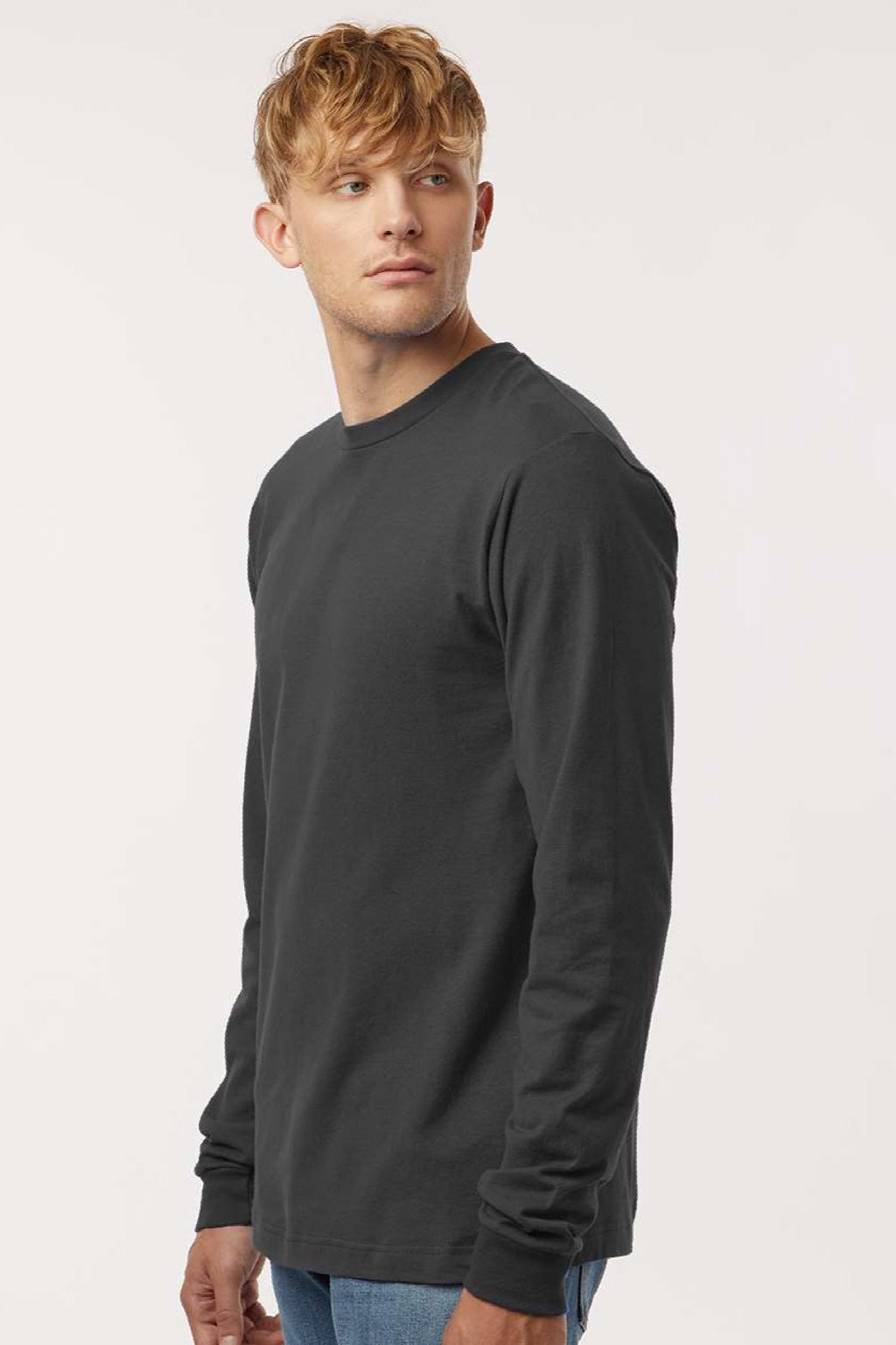 Tultex 202LS Mens Fine Jersey Long Sleeve Crewneck T-Shirt Charcoal Grey Model Side