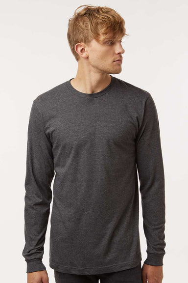 Tultex 202LS Mens Fine Jersey Long Sleeve Crewneck T-Shirt Heather Charcoal Grey Model Front