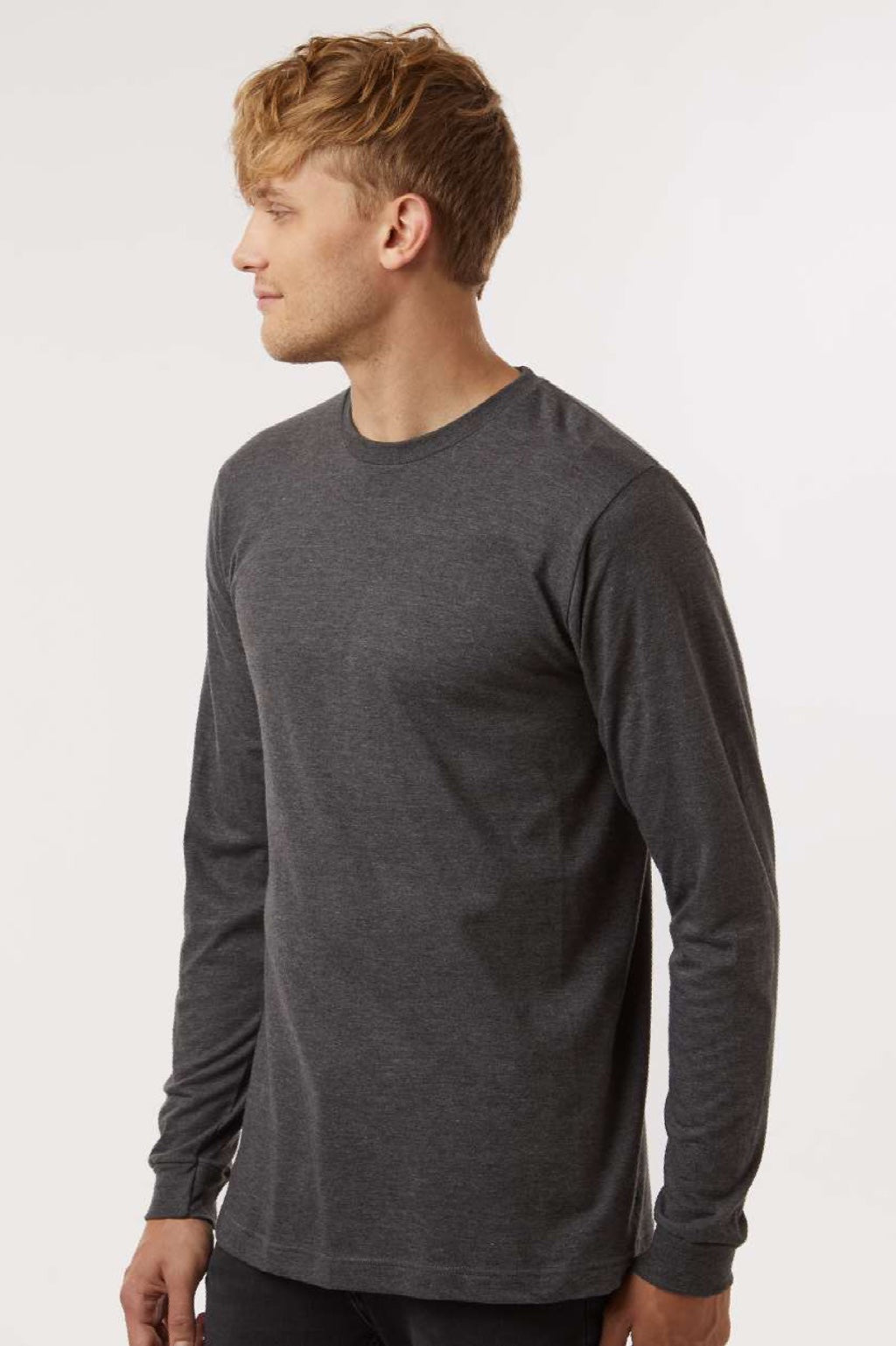 Tultex 202LS Mens Fine Jersey Long Sleeve Crewneck T-Shirt Heather Charcoal Grey Model Side