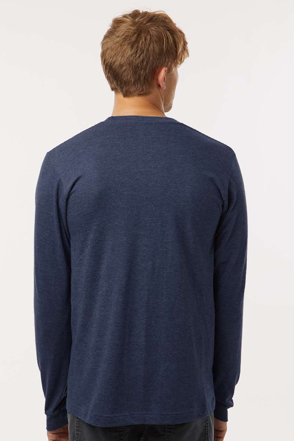 Tultex 202LS Mens Fine Jersey Long Sleeve Crewneck T-Shirt Heather Denim Blue Model Back