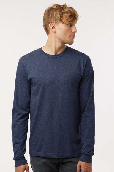 Tultex 202LS Mens Fine Jersey Long Sleeve Crewneck T-Shirt Heather Denim Blue Model Front