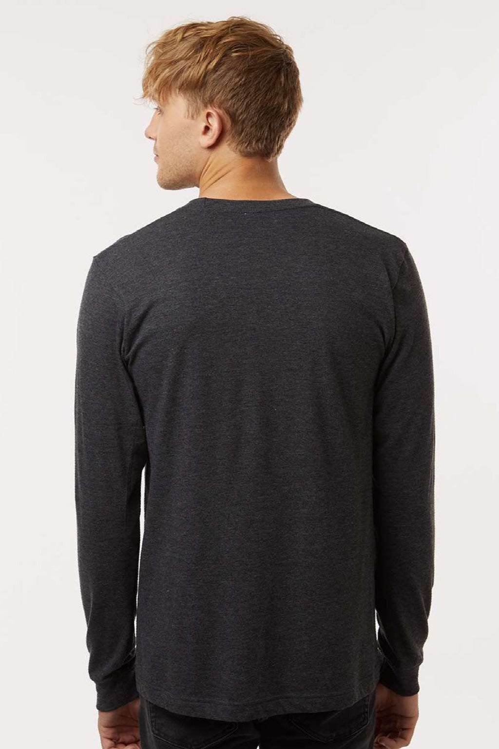 Tultex 202LS Mens Fine Jersey Long Sleeve Crewneck T-Shirt Heather Graphite Grey Model Back