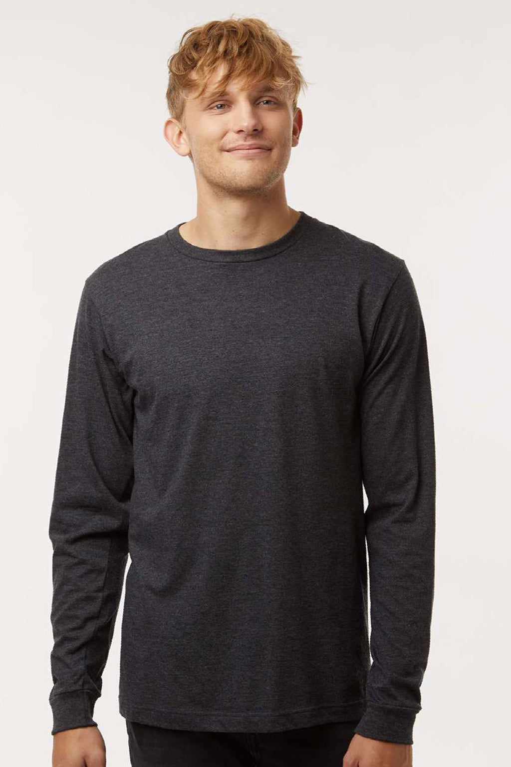 Tultex 202LS Mens Fine Jersey Long Sleeve Crewneck T-Shirt Heather Graphite Grey Model Front