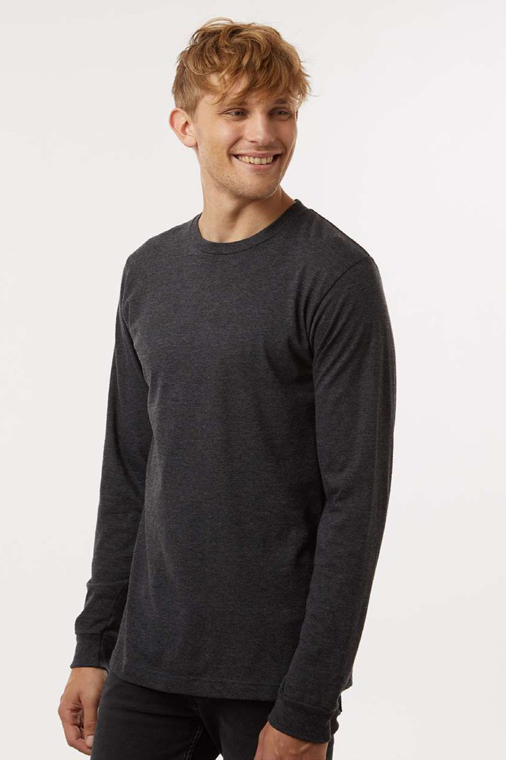 Tultex 202LS Mens Fine Jersey Long Sleeve Crewneck T-Shirt Heather Graphite Grey Model Side