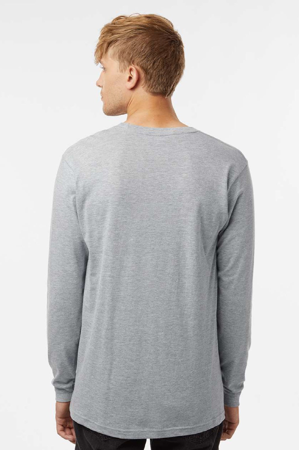 Tultex 202LS Mens Fine Jersey Long Sleeve Crewneck T-Shirt Heather Grey Model Back