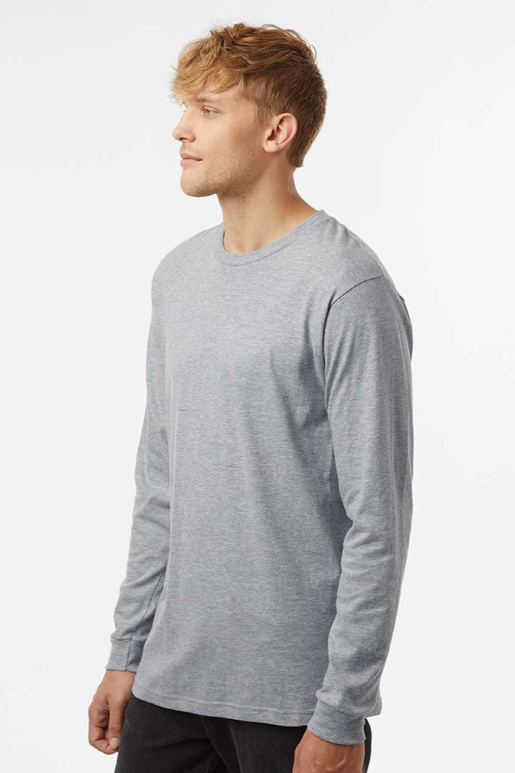 Tultex 202LS Mens Fine Jersey Long Sleeve Crewneck T-Shirt Heather Grey Model Side