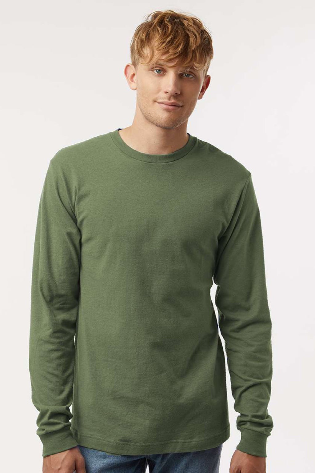 Tultex 202LS Mens Fine Jersey Long Sleeve Crewneck T-Shirt Military Green Model Front