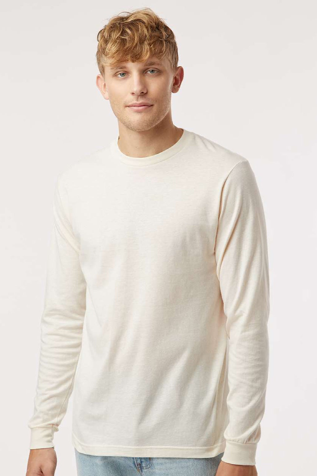 Tultex 202LS Mens Fine Jersey Long Sleeve Crewneck T-Shirt Natural Model Front