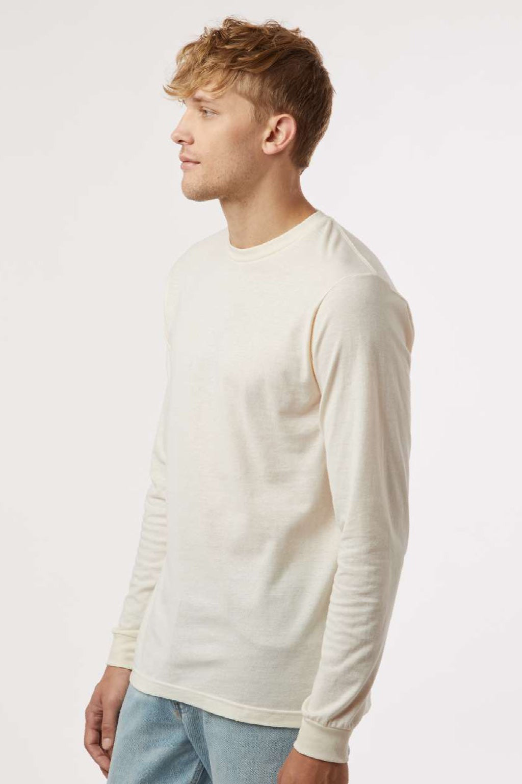 Tultex 202LS Mens Fine Jersey Long Sleeve Crewneck T-Shirt Natural Model Side