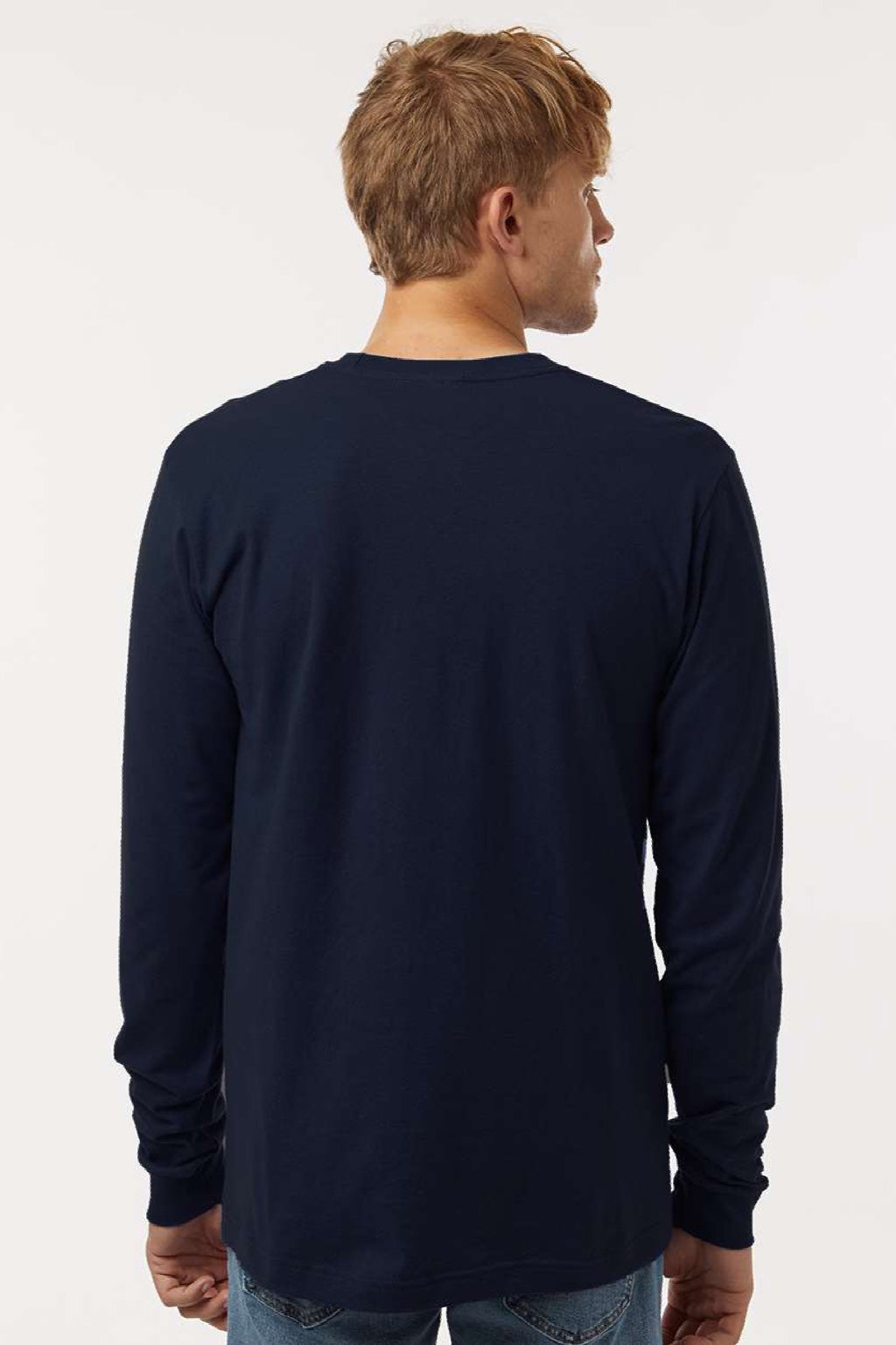 Tultex 202LS Mens Fine Jersey Long Sleeve Crewneck T-Shirt Navy Blue Model Back