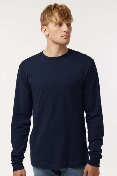 Tultex 202LS Mens Fine Jersey Long Sleeve Crewneck T-Shirt Navy Blue Model Front