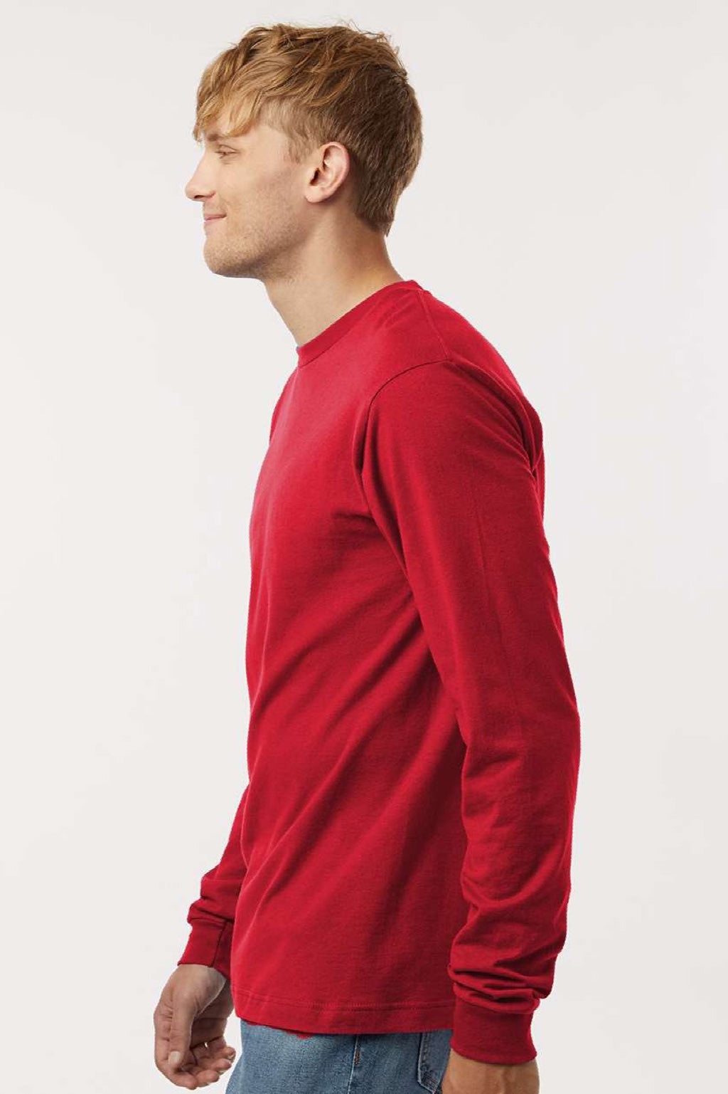 Tultex 202LS Mens Fine Jersey Long Sleeve Crewneck T-Shirt Red Model Side