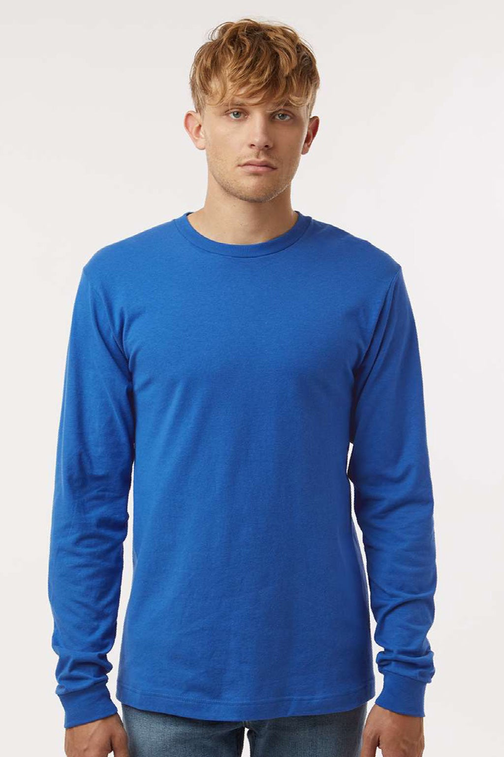 Tultex 202LS Mens Fine Jersey Long Sleeve Crewneck T-Shirt Royal Blue Model Front