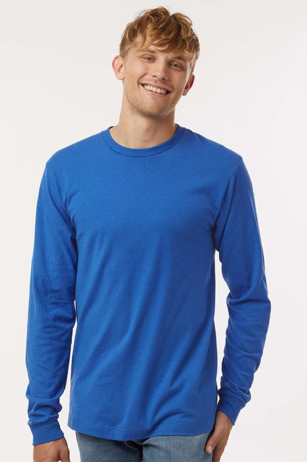 Tultex 202LS Mens Fine Jersey Long Sleeve Crewneck T-Shirt Royal Blue Model Side