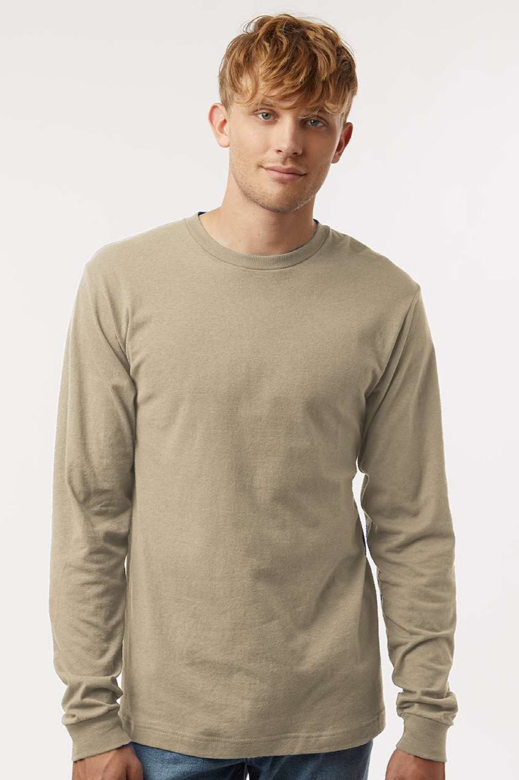 Tultex 202LS Mens Fine Jersey Long Sleeve Crewneck T-Shirt Sand Brown Model Front