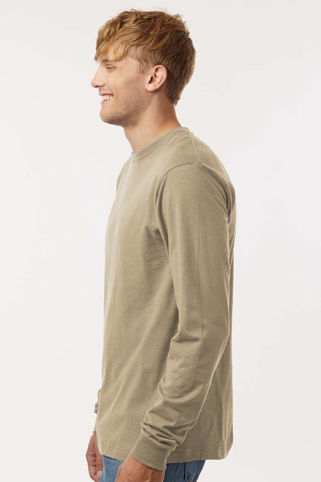 Tultex 202LS Mens Fine Jersey Long Sleeve Crewneck T-Shirt Sand Brown Model Side