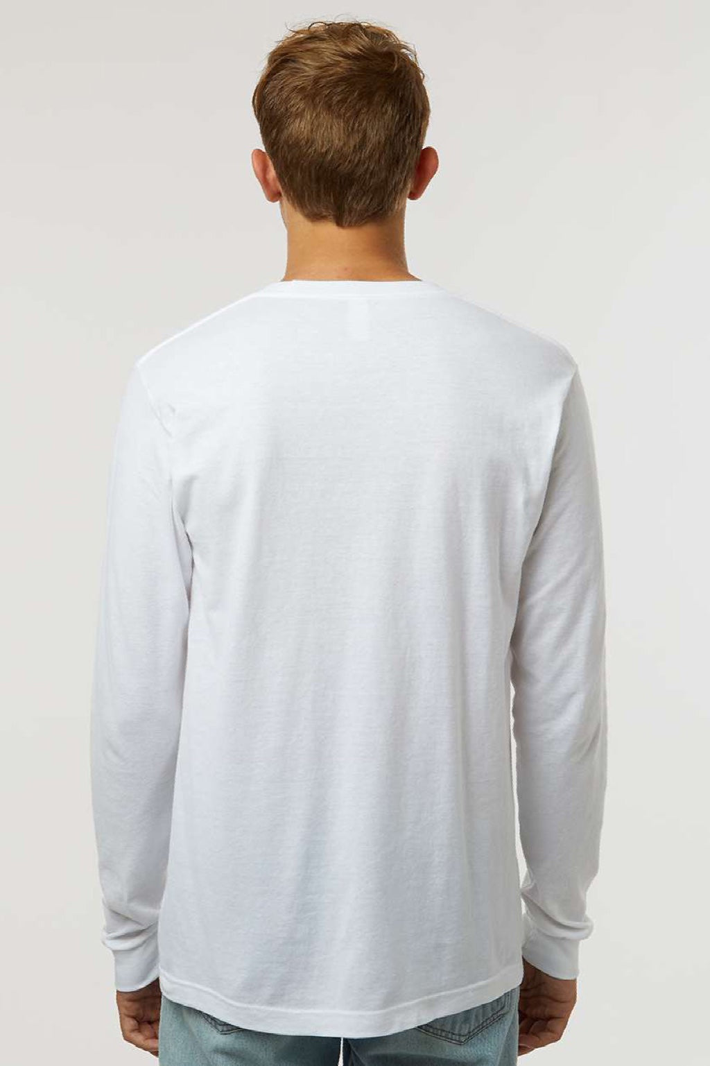 Tultex 202LS Mens Fine Jersey Long Sleeve Crewneck T-Shirt White Model Back