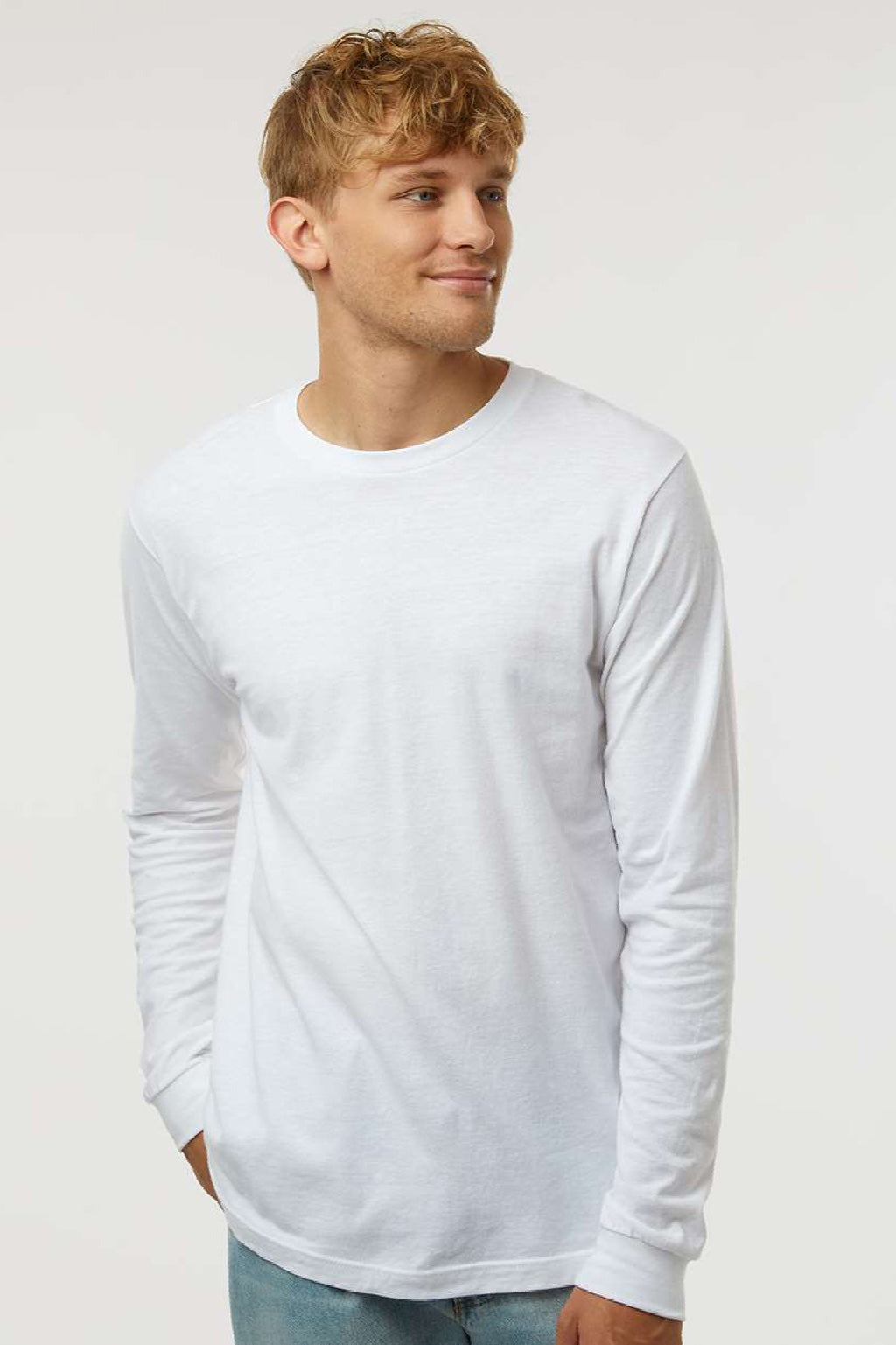 Tultex 202LS Mens Fine Jersey Long Sleeve Crewneck T-Shirt White Model Front