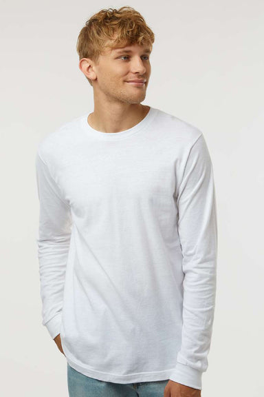 Tultex 202LS Mens Fine Jersey Long Sleeve Crewneck T-Shirt White Model Front