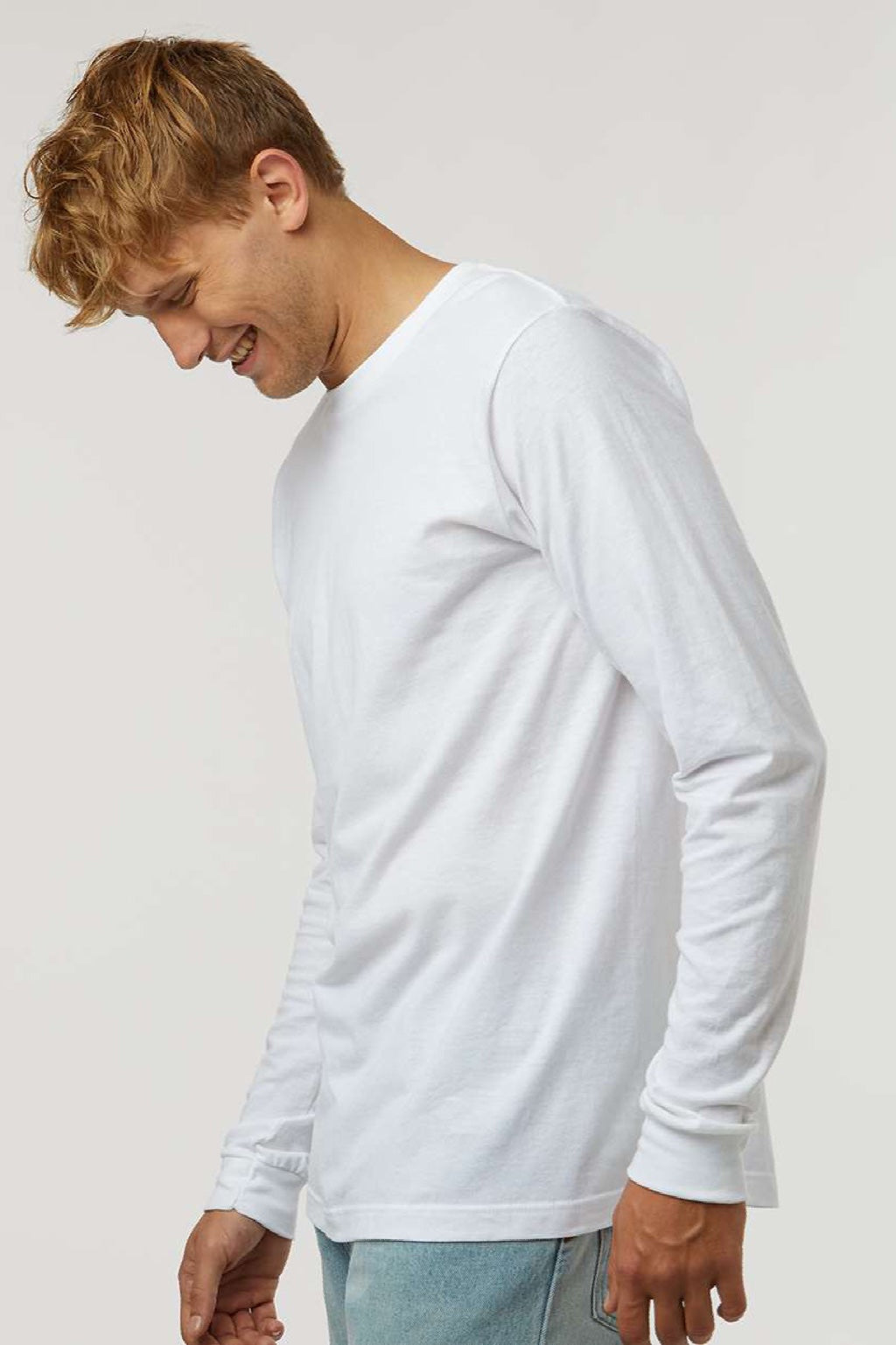 Tultex 202LS Mens Fine Jersey Long Sleeve Crewneck T-Shirt White Model Side