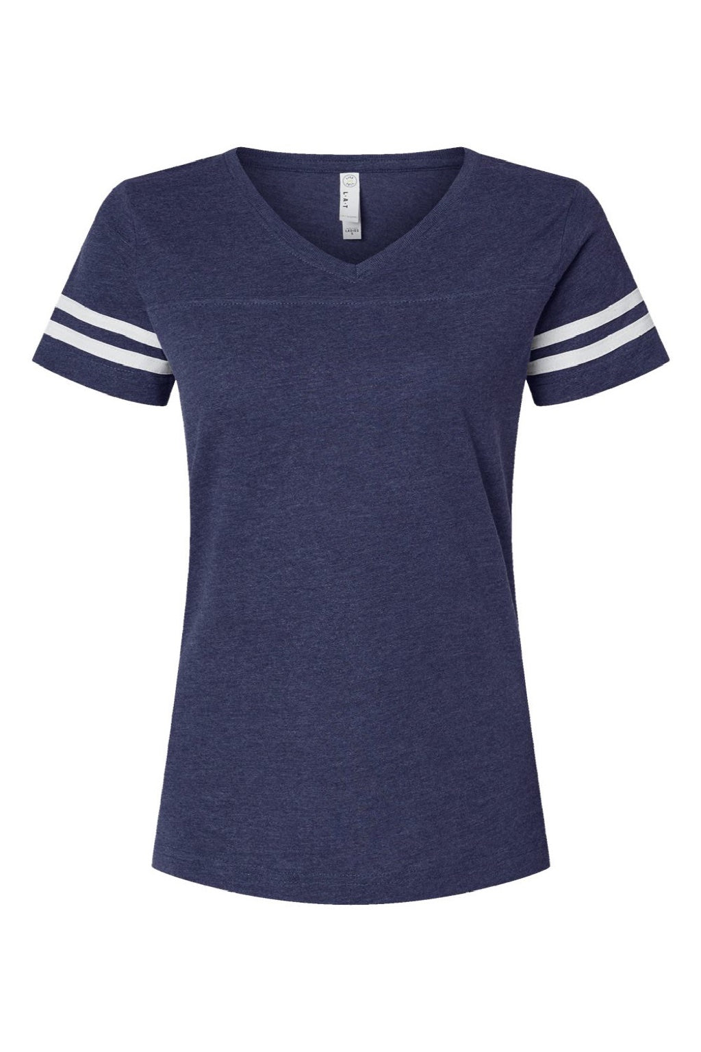 LAT 3537 Womens Fine Jersey Short Sleeve V-Neck T-Shirt Vintage True Navy Blue/Blended White Flat Front