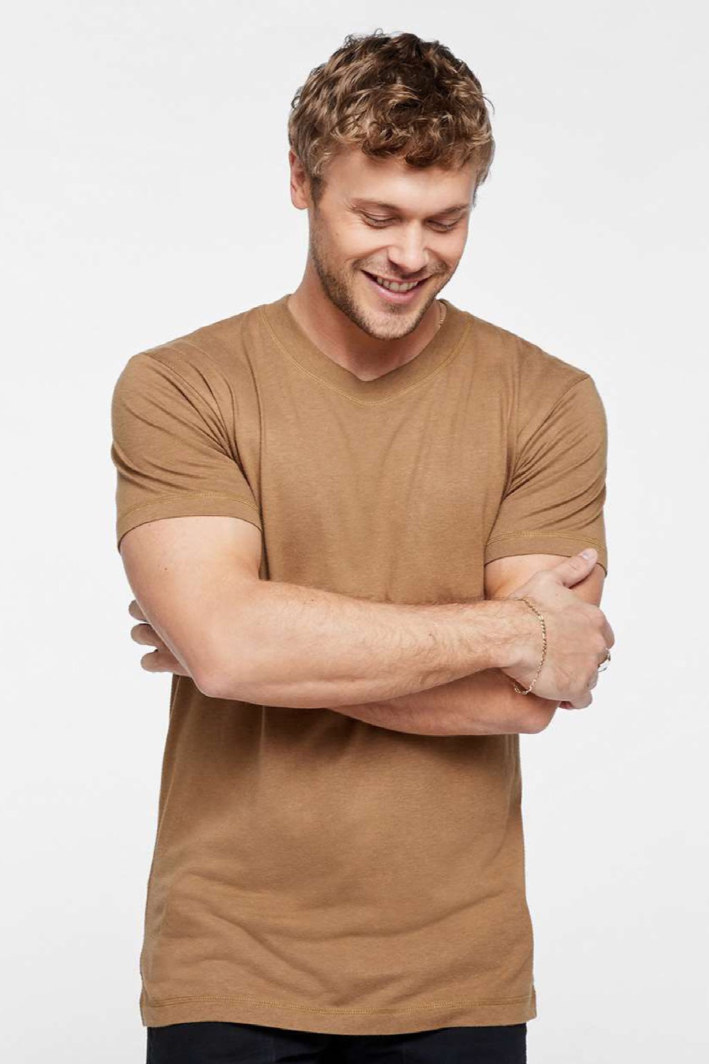 LAT 6904 Mens Bamboo Short Sleeve Crewneck T-Shirt Coyote Brown Model Front