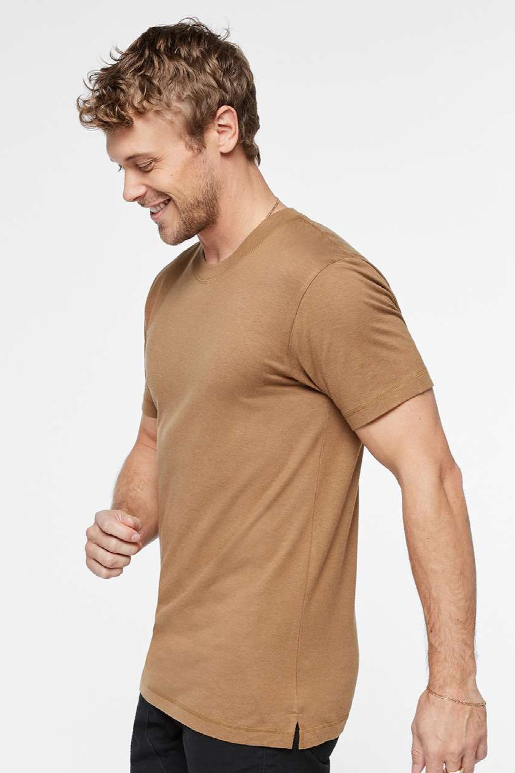 LAT 6904 Mens Bamboo Short Sleeve Crewneck T-Shirt Coyote Brown Model Side