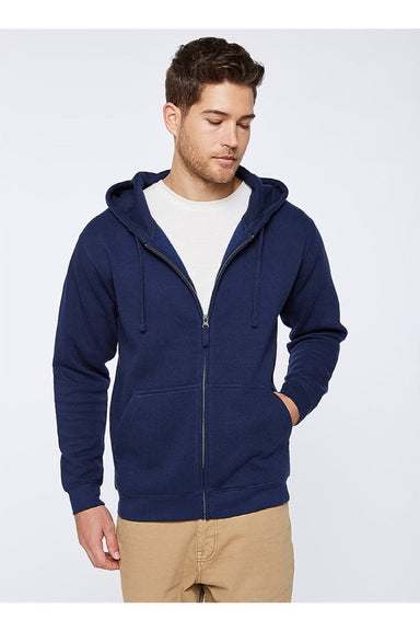 LAT 6927 Mens Fleece Full Zip Hooded Sweatshirt Hoodie w/ Pockets Navy Blue Model Front