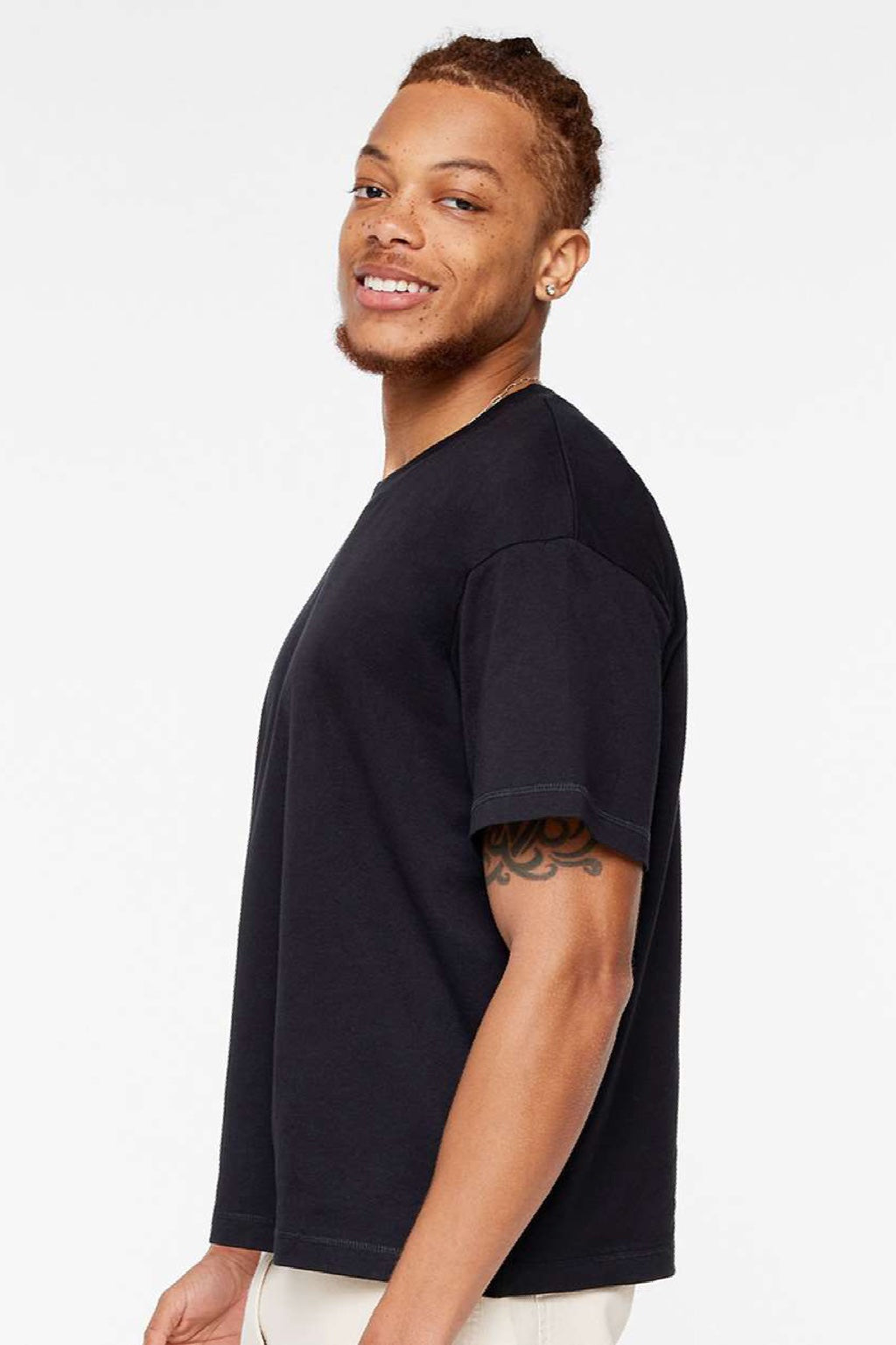 LAT 3520 Mens Relaxed Short Sleeve Crewneck T-Shirt Black Model Side