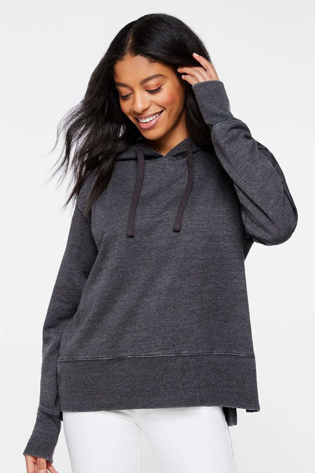 LAT 3536 Womens Vintage Wash Hooded Sweatshirt Hoodie Washed Black Model Front