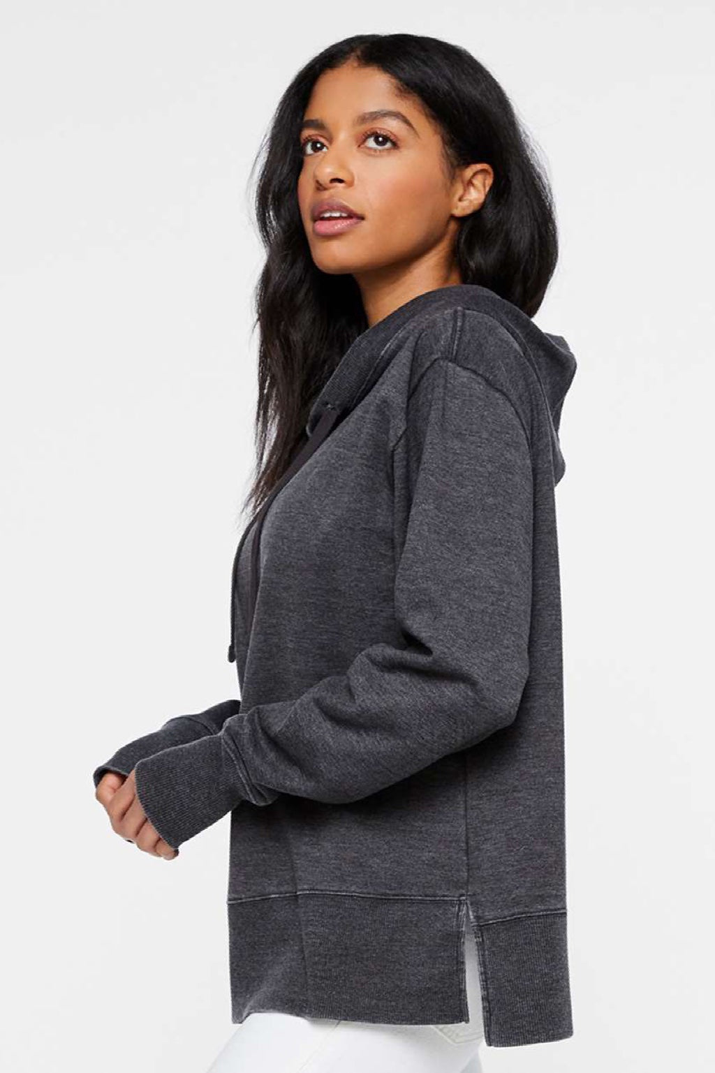 LAT 3536 Womens Vintage Wash Hooded Sweatshirt Hoodie Washed Black Model Side