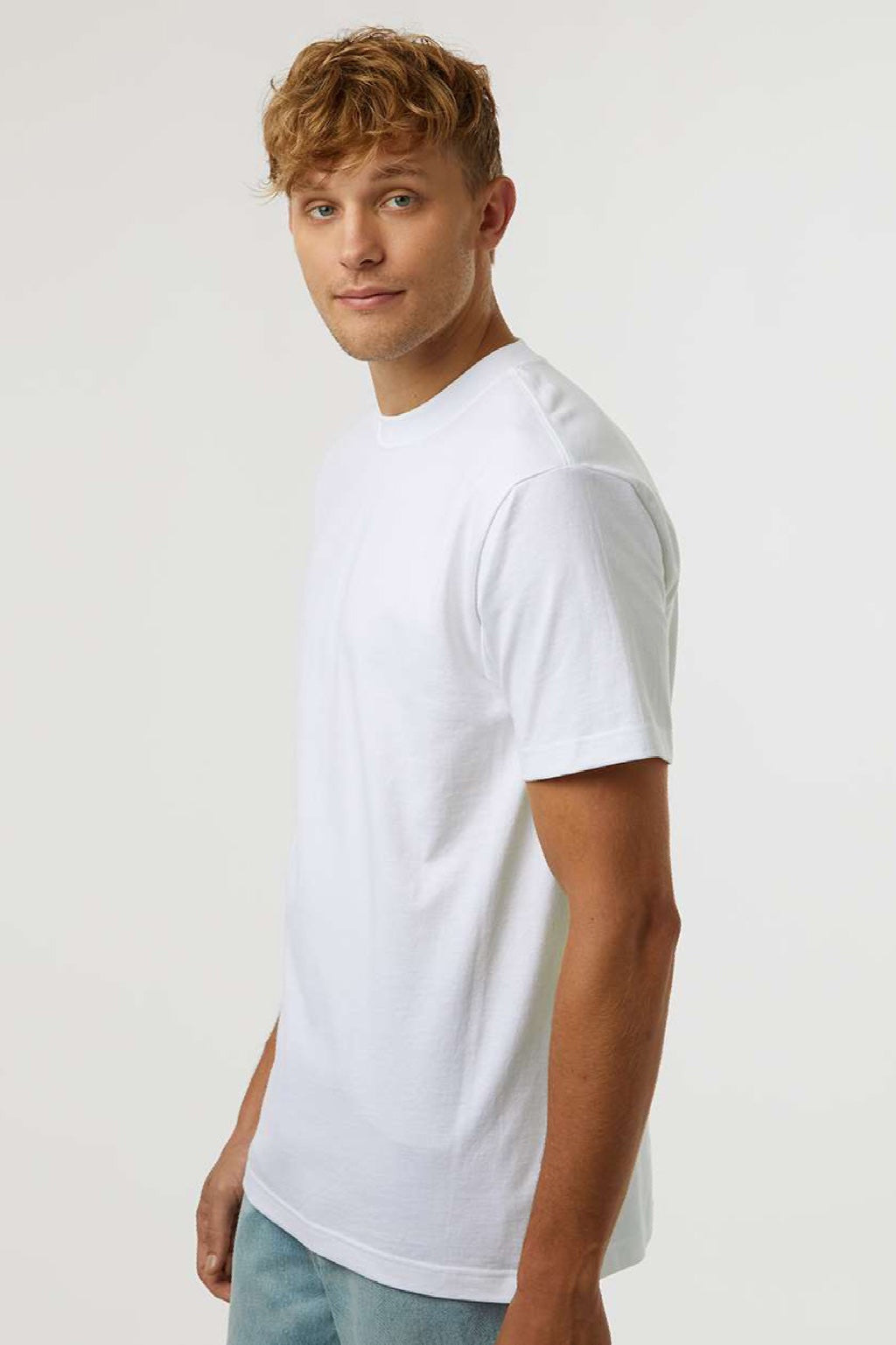 Tultex 299 Mens Street Short Sleeve Crewneck T-Shirt White Model Side